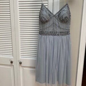 New Marina 8 Beaded Bodice Tulle Dress Fit Flare Knee Length Blue Cocktail